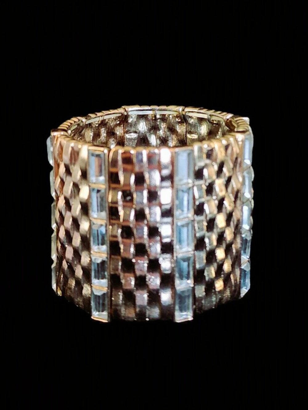 VINTAGE 90s Heavy Gold Plated Wide Chunky Runway Cuff Bracelet Clear Rhinestone